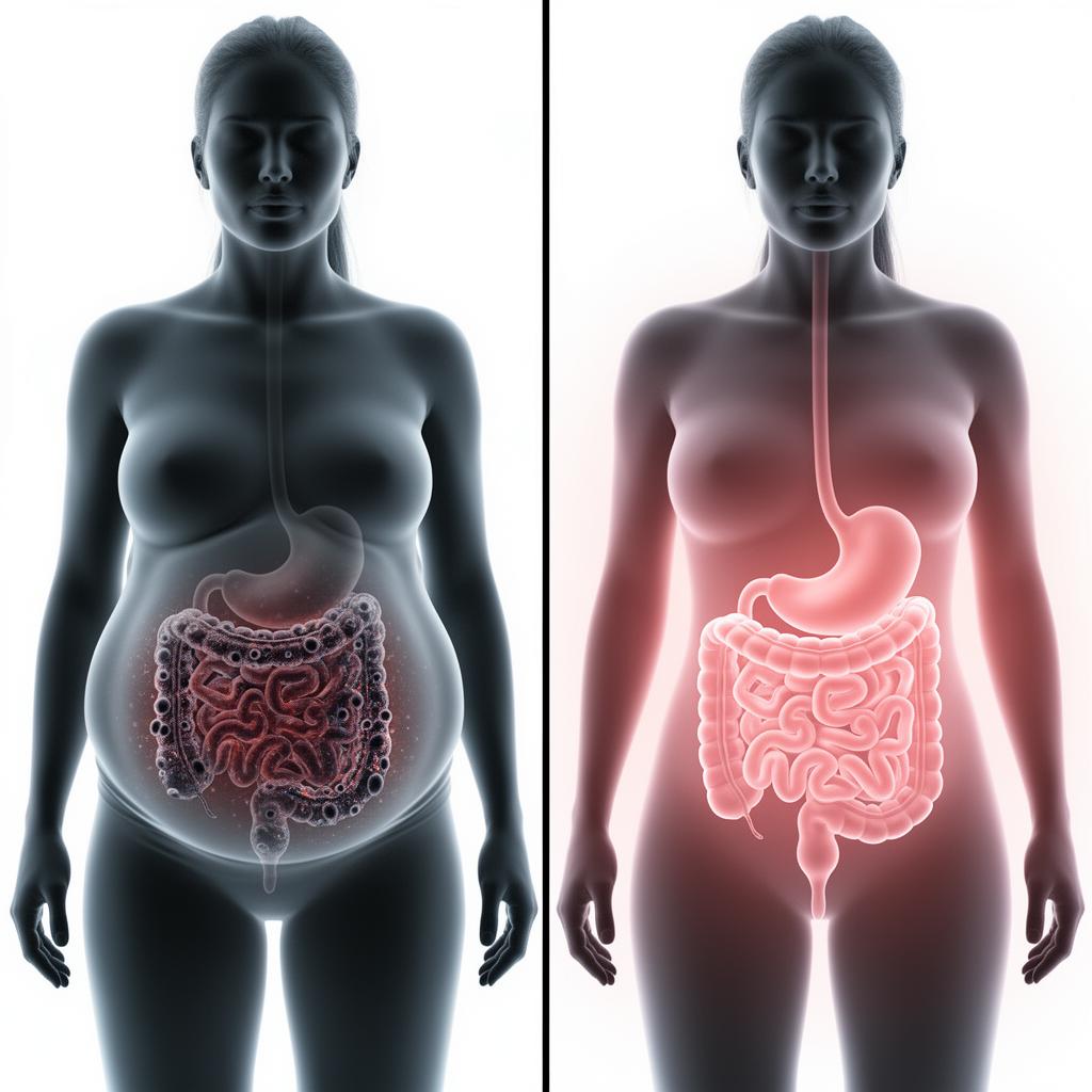 Bloated gut coated in biofilm versus clear, healthy gut after Nuora